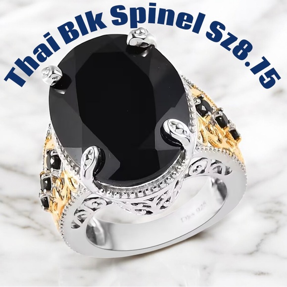 Thai Black Spinel Ring In Vermeil Yellow Gold & Platinum Over Sterling Sz 8.75